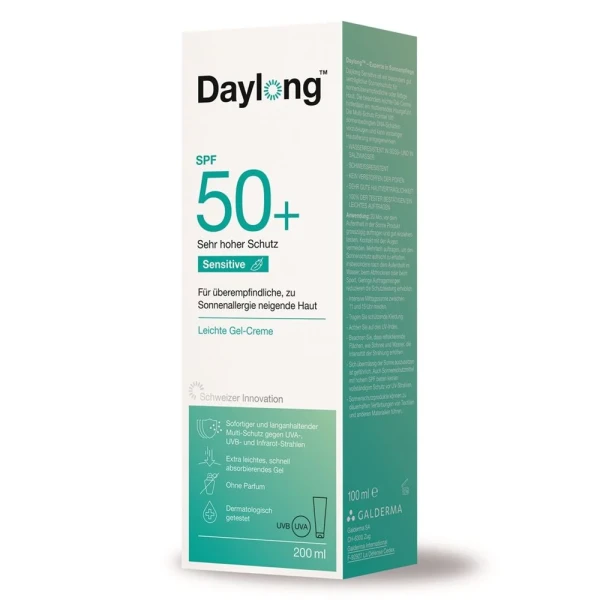 Hier sehen Sie den Artikel DAYLONG Sensitive Gel-Creme SPF50+ Tb 200 ml aus der Kategorie Sonnenschutz. Dieser Artikel ist erhältlich bei pedro-shop.ch