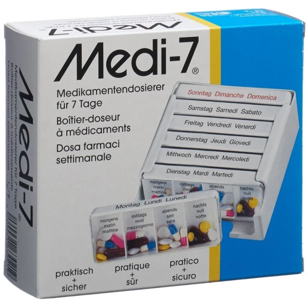 Hier sehen Sie den Artikel MEDI-7 Medikamentendosierer 7 Tage D/F/I weiss aus der Kategorie Medikamentendosierer/Pillendosen. Dieser Artikel ist erhältlich bei pedro-shop.ch