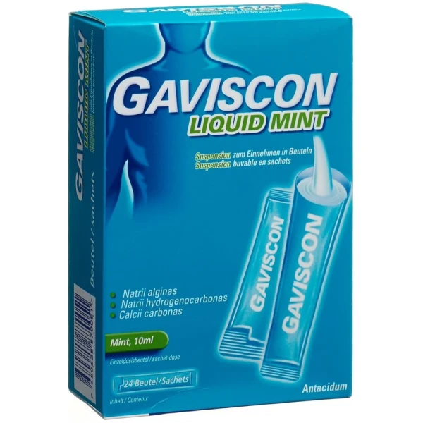 Hier sehen Sie den Artikel GAVISCON Liquid mint Susp in Beuteln 24 Btl 10 ml aus der Kategorie Arzneimittel der Liste D. Dieser Artikel ist erhältlich bei pedro-shop.ch