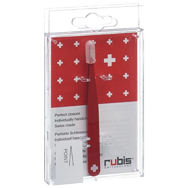 Hier sehen Sie den Artikel RUBIS Pinzette Schweizerkreuz spitz rot Inox aus der Kategorie Pinzetten kosmetisch. Dieser Artikel ist erhältlich bei pedro-shop.ch