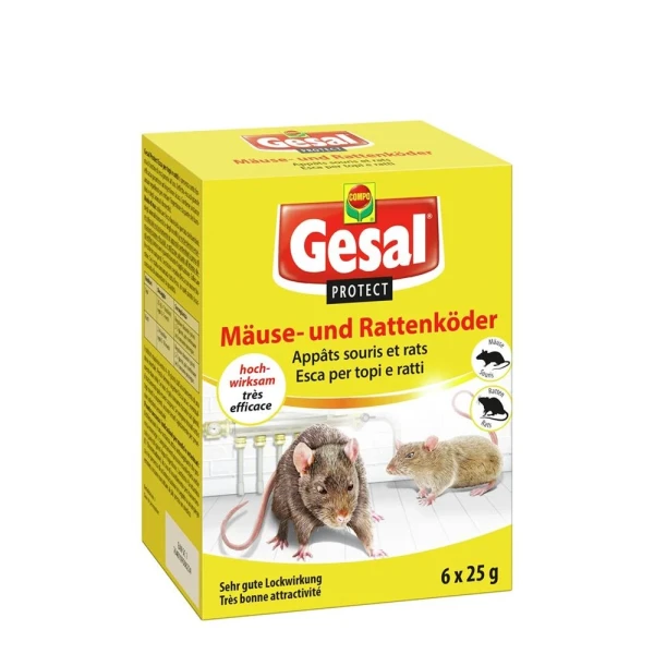 Hier sehen Sie den Artikel GESAL PROTECT Mäuse- und Rattenköder 6 x 25 g aus der Kategorie Ratizide. Dieser Artikel ist erhältlich bei pedro-shop.ch