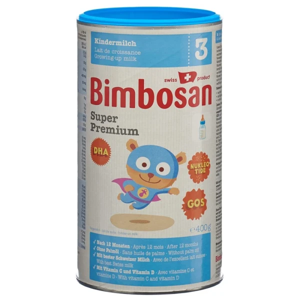 Hier sehen Sie den Artikel BIMBOSAN Super Premium 3 Kindermilch Ds 400 g aus der Kategorie Milch und Schoppenzusätze. Dieser Artikel ist erhältlich bei pedro-shop.ch