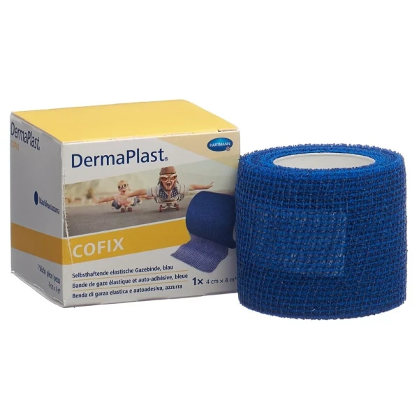 Hier sehen Sie den Artikel DERMAPLAST CoFix 4cmx4m blau aus der Kategorie Gazebinden elastisch kohäsiv. Dieser Artikel ist erhältlich bei pedro-shop.ch