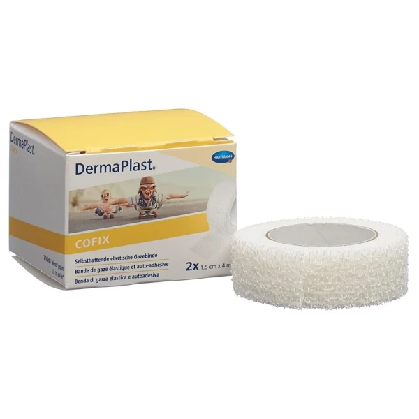 Hier sehen Sie den Artikel DERMAPLAST CoFix 1.5cmx4m weiss 2 Stk aus der Kategorie Gazebinden elastisch kohäsiv. Dieser Artikel ist erhältlich bei pedro-shop.ch