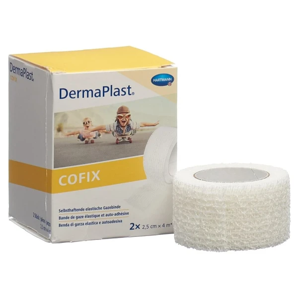 Hier sehen Sie den Artikel DERMAPLAST CoFix 2.5cmx4m weiss 2 Stk aus der Kategorie Gazebinden elastisch kohäsiv. Dieser Artikel ist erhältlich bei pedro-shop.ch