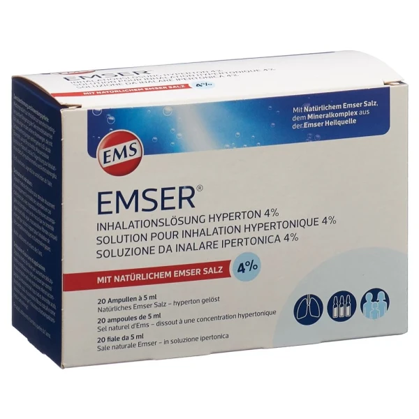 Hier sehen Sie den Artikel EMSER Inhalationslösung 4  hyperton 20 Stk aus der Kategorie Andere Spezialitäten. Dieser Artikel ist erhältlich bei pedro-shop.ch