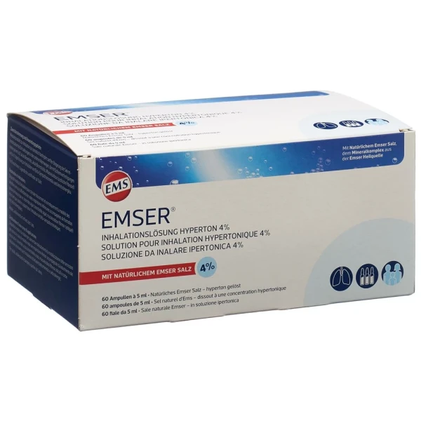 Hier sehen Sie den Artikel EMSER Inhalationslösung 4  hyperton 60 Stk aus der Kategorie Andere Spezialitäten. Dieser Artikel ist erhältlich bei pedro-shop.ch