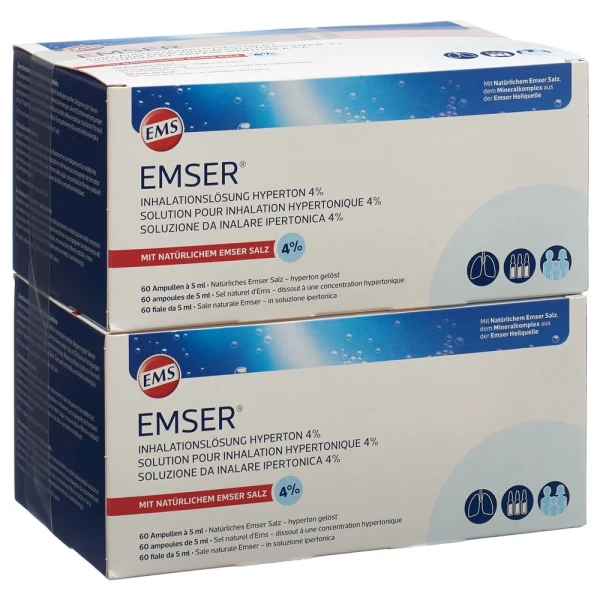 Hier sehen Sie den Artikel EMSER Inhalationslösung 4  hyperton 2 x 60 Stk aus der Kategorie Andere Spezialitäten. Dieser Artikel ist erhältlich bei pedro-shop.ch