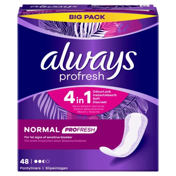 Hier sehen Sie den Artikel ALWAYS Slipeinlage ProFresh Norm BigP (n) 48 Stk aus der Kategorie Slipeinlagen. Dieser Artikel ist erhältlich bei pedro-shop.ch